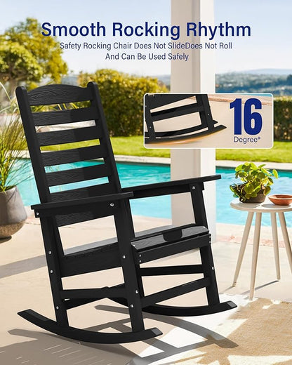 YEFU Outdoor Rocking Chair Set of 2,Poly Porch Rocker with Curved Backrest,All Weather Patio Rocking Chair,Like Real Wood,for Indoor,Lawn, Backyard,Garden,Heavy Duty,Weight Capacity 380lbs(Black)