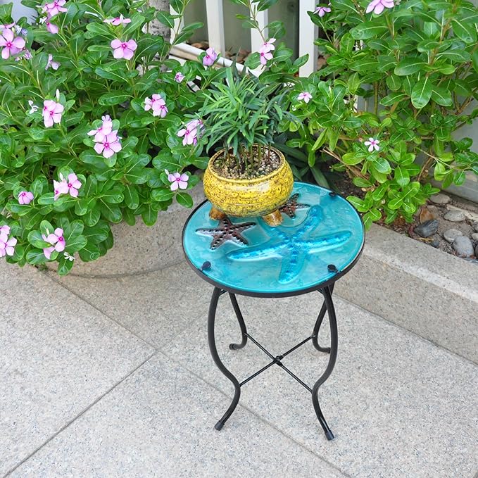 Patio Side Table - Outdoor Decorative Bistro Coffee Table, Glass End Table for Porch, Indoor Round Accent Table, Balcony Plant Rack