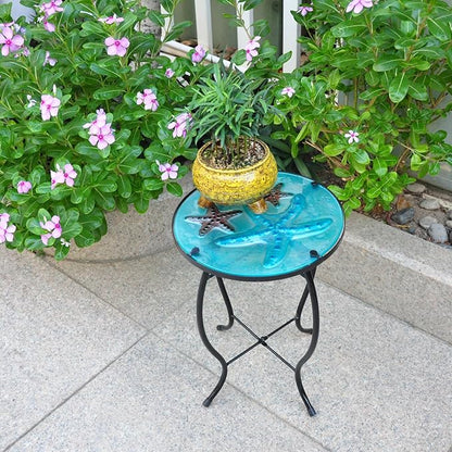 Patio Side Table - Outdoor Decorative Bistro Coffee Table, Glass End Table for Porch, Indoor Round Accent Table, Balcony Plant Rack