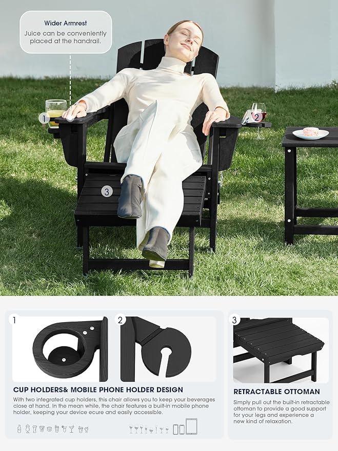 KINGYES Folding Adjustable Adirondack Chair with Retractable Ottoman Set of 2, HDPE Oversized Outdoor Chair with Cup Holder, Wood-Like Recliner Versatile Adirondack Chair, Black