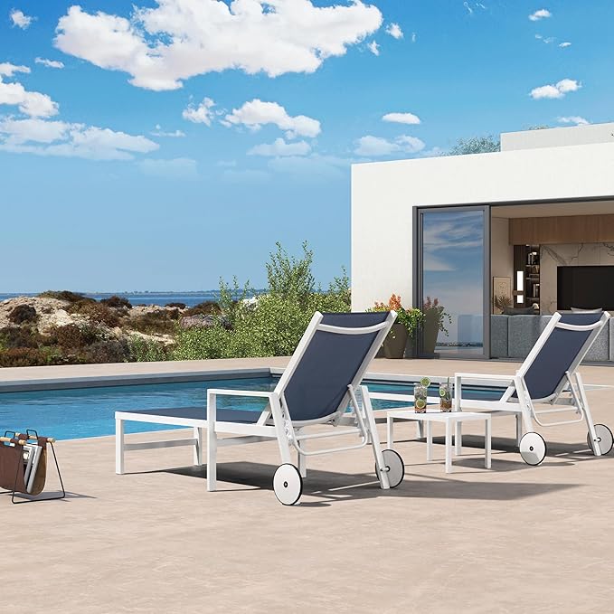 PURPLE LEAF Lounge Chair Outdoor Set 2 Pieces White Aluminum Chaise Lounge with Armrest and Wheels for Pool Deck Patio, Indigo