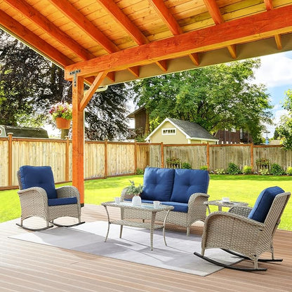 Belord Wicker Conversation Sets Patio Furniture 5 PCS Outdoor Rocking Chairs with Rattan Loveseat, Wicker Table and Chairs Set for Patio Deck Poolside Blue Cushion