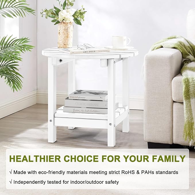 Adirondack Outdoor Side Tables, 2-Tier Round Outdoor Table, Weather Resistant HDPE Patio End Table for Garden, Lawn, Pool, Beach, Porch, Deck, Backyard - White