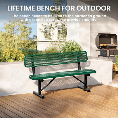 6 Feet Steel Park Bench for Outside, Outdoor Bench with Backrest & Portable Frame, Commercial Benches for Shopping Malls, Stores, Parks, Patios, Decks, Green