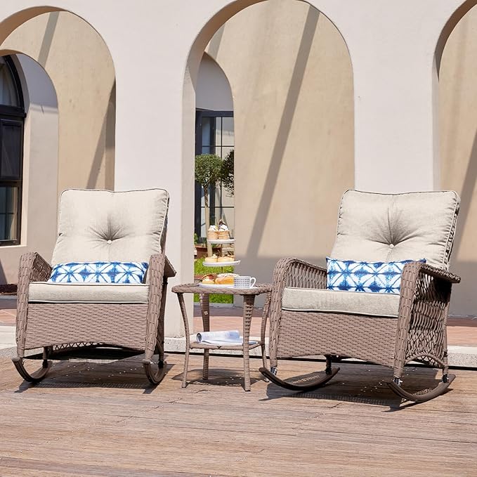 UDPATIO 3 Piece Patio Furniture Set, Wicker Rocking Bistro Set with 2 Rockers, 1 Side Table and 4‘’ Thick Cushions for Backyard, Porch, Balcony, Poolside, Brown/Beige