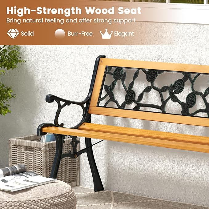 Tangkula Outdoor Garden Bench Park Bench, Patio Iron Bench Chair with Cast Iron & Hardwood Structure, Weather Proof Porch Loveseat, Perfect for Backyard, Deck, Lawn, Poolside