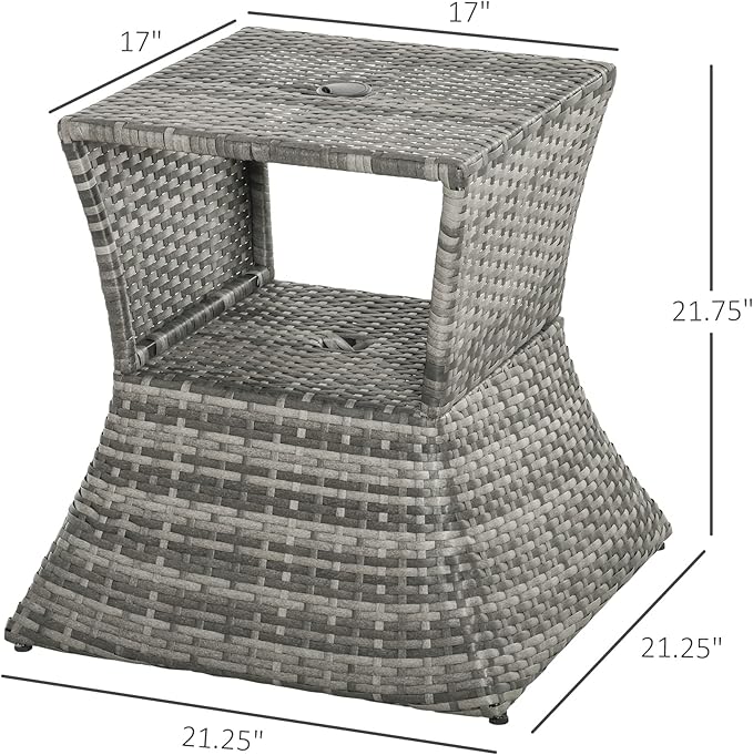Outsunny Outdoor Side Table with Umbrella Hole, 2 Tier Rattan Wicker End Table with Storage Shelf, All Weather for Outdoor, Patio, Garden, Backyard, Mixed Gray