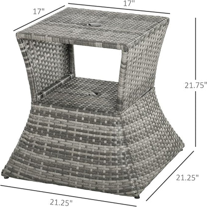 Outsunny Outdoor Side Table with Umbrella Hole, 2 Tier Rattan Wicker End Table with Storage Shelf, All Weather for Outdoor, Patio, Garden, Backyard, Mixed Gray