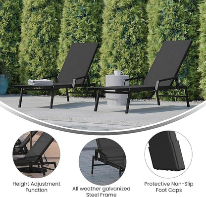 Flash Furniture Brazos Set of 2 Adjustable Chaise Lounge Chairs with Arms, All-Weather Outdoor Five-Position Recliners, Black/Black
