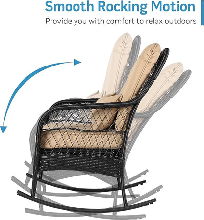 Outdoor Wicker Rocking Chair, 2 Piece PE Rattan Rocker Set with Cushion & Pillow, Outdoor Rocking Furniture for Garden, Porch, Backyard, Poolside (Black Rattan+Khaki Cushion)