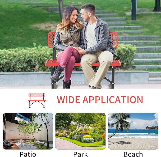 4 Ft Metal Park Bench for Outside, All-Weather Thermoplastic Coating Outdoor Bench with Backrest, Commercial Heavy Duty Benches for Shopping Malls, Stores, Parks, Patios, Decks, Red