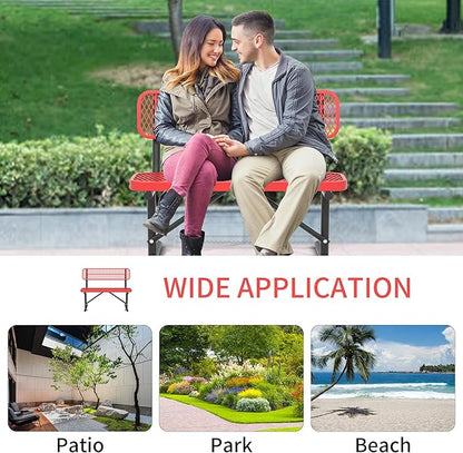 4 Ft Metal Park Bench for Outside, All-Weather Thermoplastic Coating Outdoor Bench with Backrest, Commercial Heavy Duty Benches for Shopping Malls, Stores, Parks, Patios, Decks, Red