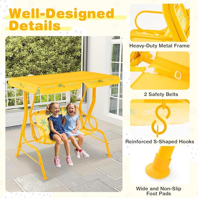 Costzon Kids Porch Swing, All-Weather Patio Swing Bench Hammock w/Adjustable Canopy & Safety Belts for 2 Children - Photo 5