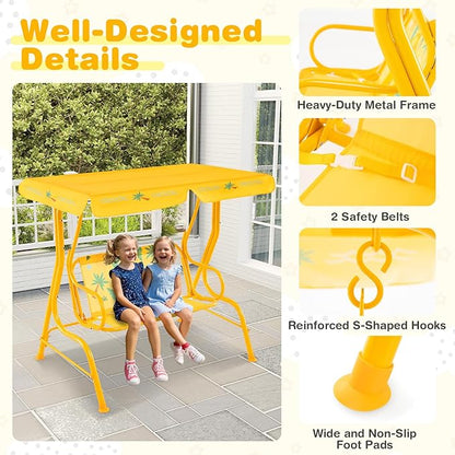 Costzon Kids Porch Swing, All-Weather Patio Swing Bench Hammock w/Adjustable Canopy & Safety Belts for 2 Children, Outdoor Swing for Backyard Garden Balcony Poolside (Yellow, Alligator)