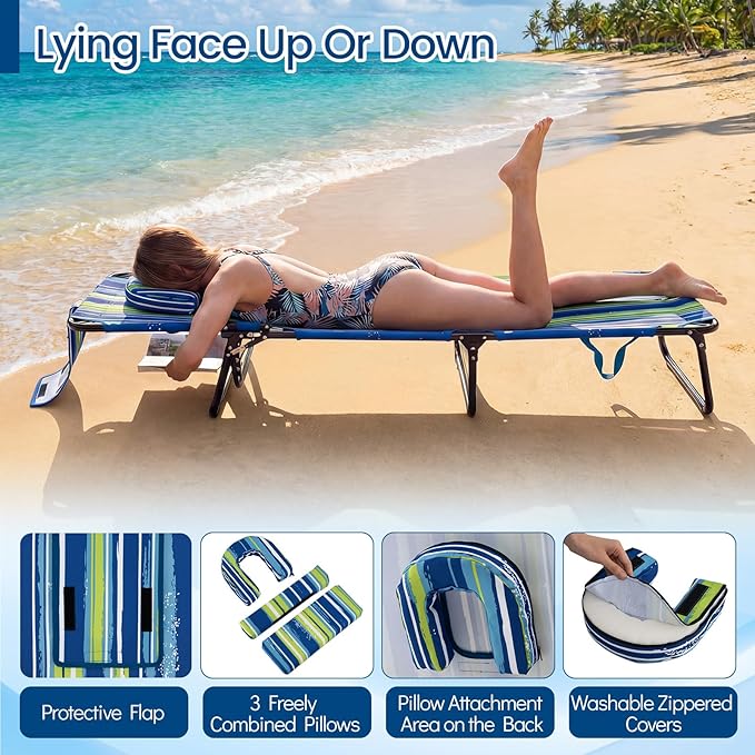 COSTWAY Tanning Chair with Face Hole, Pillows & Adjustable Backrest, Folding Chaise Lounge for Sunbathing, Beach, Seaside (1, Blue & Green)