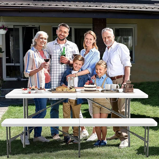 Giantex 6 FT Plastic Folding Bench, HDPE Portable Seat w/Metal Legs, Fold-in-Half Outdoor Bench for Picnic, Garden, Camping, Party Sport Events, 1320 lbs Capacity, No Assembly (2, White)