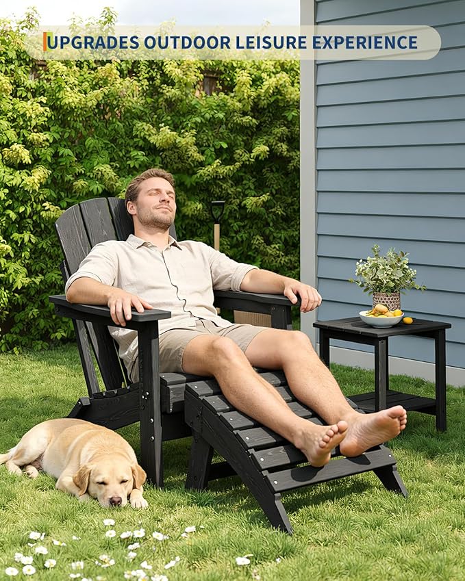 Garvee Folding Adirondack Ottoman Set of 2, HDPE Outdoor Footrest for Adirondack Chair, All-Weather Resistant for Deck Backyard Patio Outside Poolside Porch Lawn - Black