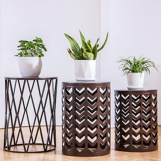 Y&M Set of 3 Round Heavy-Duty Side Table End Table, Coffee Table for Indoor Multifunctional Use, Outdoor Decorative Garden Stool Plant Stand-Pure Brown(Ship from US)