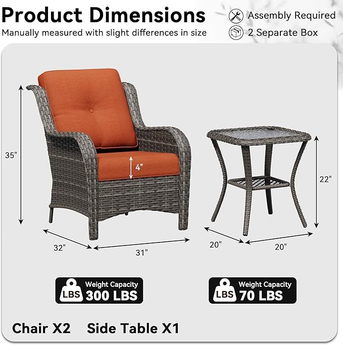 3 Pieces Outdoor Wicker Patio Furniture Set - Patio Chairs Set with Thickened Olefin Cushions, High Back and Deep Seating, Curved Armrest, PE Rattan for Porch, Deck, Balcony,Orange