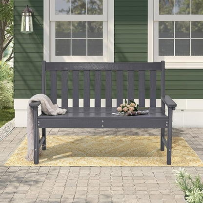 COBANA Outdoor Garden Bench, All Weather HDPE Patio Porch Bench with Faux Wood Grain Pattern, 2-Person Seat for Lawn, Park, Backyard, Entryway, Dark Gray