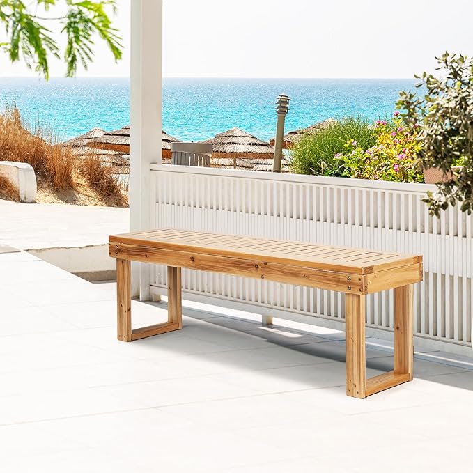 VINGLI Outdoor Wooden Bench Porch Bench, Wood Patio Garden Bench Weatherproof Outdoor Backless Bench for Backyard, Poolside, Entryway (Light Carbonized)