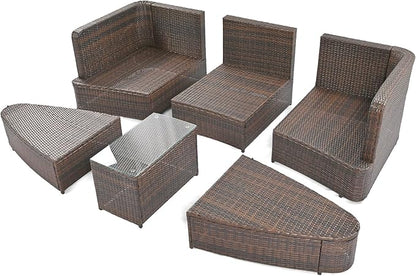Quarte 6-Piece Patio Outdoor Conversation Round Sofa Set, All Weather PE Wicker Rattan Separate Seating Group with Coffee Table, Sectional Sofa Set for Garden Balcony (Brown/Round6)