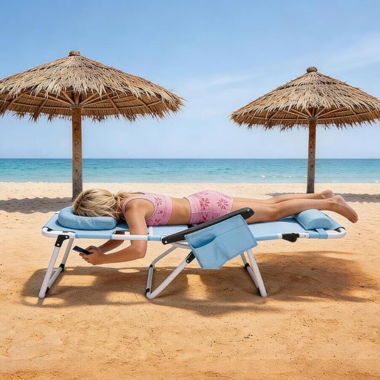 DoCred Heavy Duty Tanning Chair with Face Hole, Adjustable 5-Position Folding Chaise Lounge Chairs for Outside, Portable Lay Flat Beach Lounge Chair for Outdoor Sunbathing Beach Pool Lawn Camping