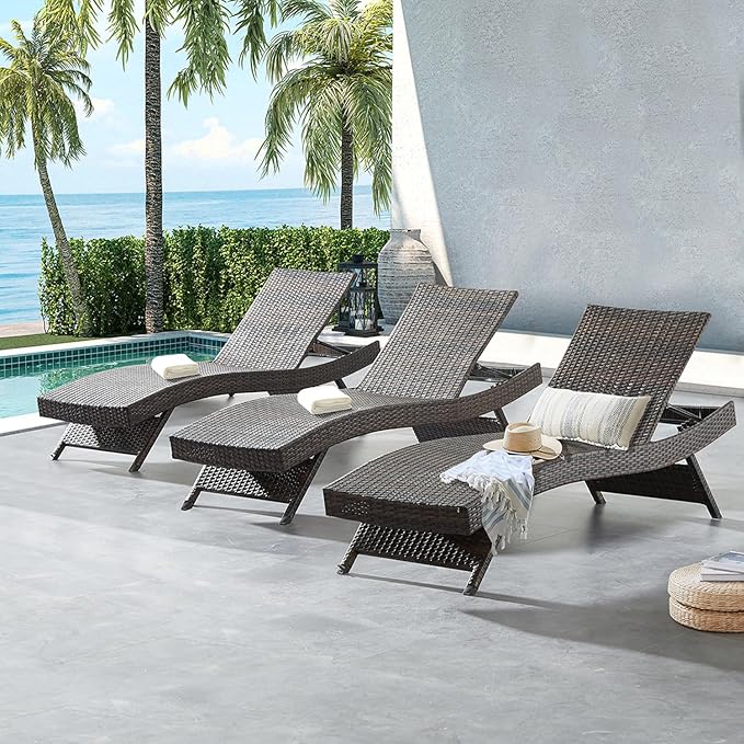 79'' Long Reclining Chair Set of 3, Chaise Lounge Wicker Reclining Lounge Chair, PE Rattan Chaise Lawn Sunbathing Chairs Beach Poolside Garden Backyard Backrest Recliners, Mixed Brown