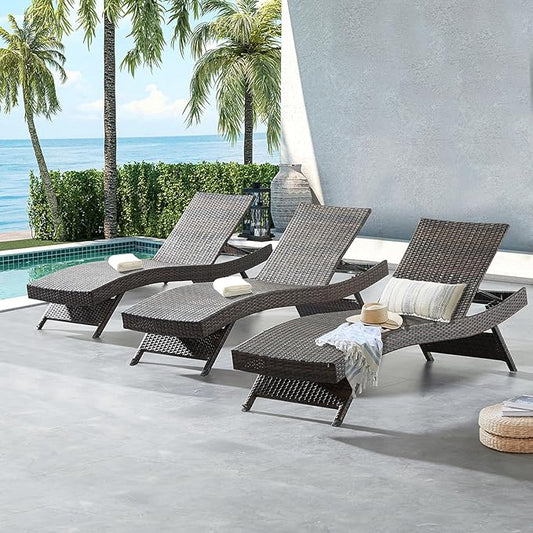 79'' Long Reclining Chair Set of 3, Chaise Lounge Wicker Reclining Lounge Chair, PE Rattan Chaise Lawn Sunbathing Chairs Beach Poolside Garden Backyard Backrest Recliners, Mixed Brown