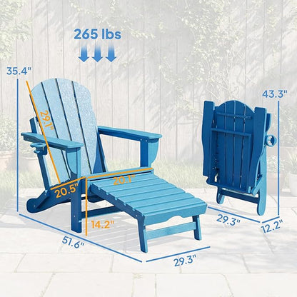 Outsunny Folding Adirondack Chair Set of 2, Outdoor HDPE Fire Pit Chair with Retractable Ottoman, Cup Holder and Large Seat for Deck, Garden, Backyard, Blue