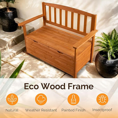 VINGLI Outdoor Storage Bench, Large Wood Deck Box with Seating, Weatherproof Outdoor Bench with Storage Loveseat, 2-Person Wooden Patio Bench for Entryway, Backyard, Garden