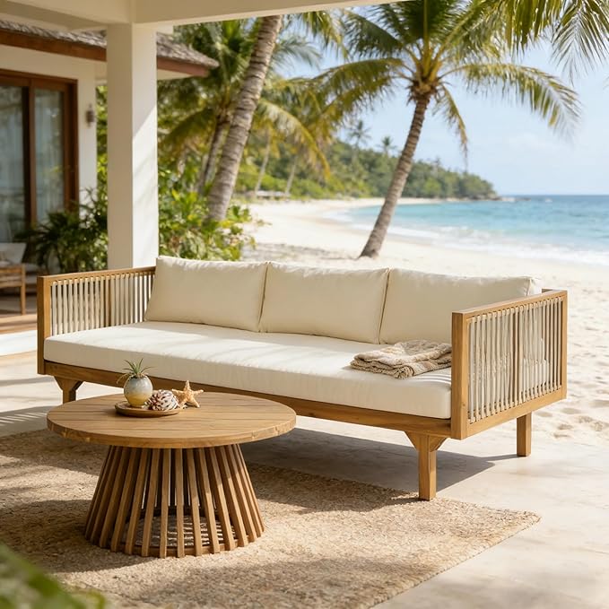 Merax Outdoor Acacia Wood Conversation Set - Patio 3-Seat Loveseat Sofa w/Coushion and Round Coffee Table for Backyard, Lawn, Balcony, Water Repellent, 600 lbs Sofa Capacity, Teak +Beige
