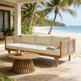 Merax Outdoor Acacia Wood Conversation Set - Patio 3-Seat Loveseat Sofa w/Coushion and Round Coffee Table for Backyard - Photo 1