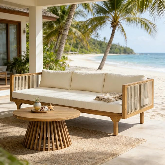 Merax Outdoor Acacia Wood Conversation Set - Patio 3-Seat Loveseat Sofa w/Coushion and Round Coffee Table for Backyard, Lawn, Balcony, Water Repellent, 600 lbs Sofa Capacity, Teak +Beige