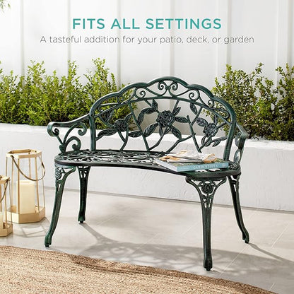 Best Choice Products Outdoor Bench Steel Garden Patio Porch Loveseat Furniture for Lawn, Park, Deck Seating w/Floral Rose Accent, Antique Finish - Black/Green