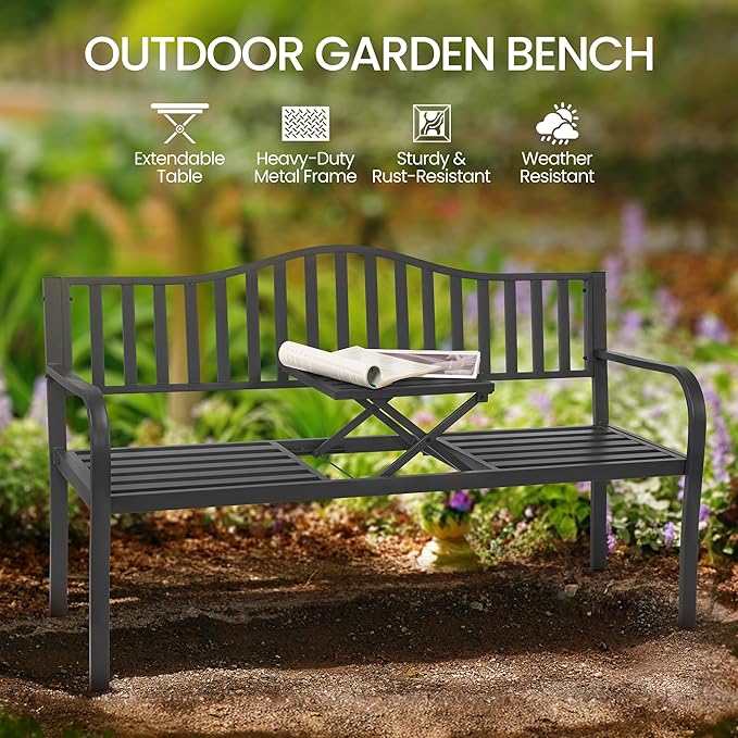 BODIOO Outdoor Metal Garden Bench 59" Patio Bench with Built in Table Park Bench, Outside Bench Weather Proof Front Porch Bench, 500lbs, Gray