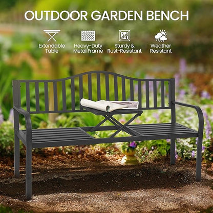 BODIOO Outdoor Metal Garden Bench 59" Patio Bench with Built in Table Park Bench, Outside Bench Weather Proof Front Porch Bench, 500lbs, Gray