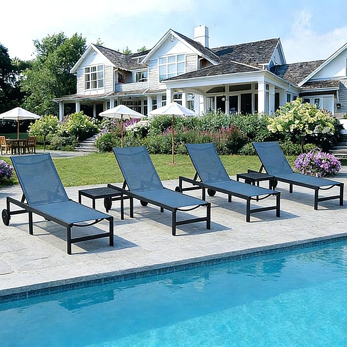 PURPLE LEAF Outdoor Chaise Lounge Chairs Set Recliner Adjustable Chair with Wheels and Table for Poolside Beach Patio Aluminum Reclining Sunbathing Lounger, Indigo