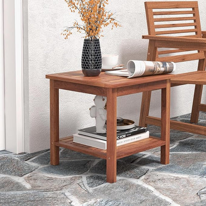RELAX4LIFE Adirondack Outdoor Side Table - 2-Tier Acacia Wood Square End Tables w/Slatted Tabletop & Shelf for Garden Porch Pool, Indoor Outdoor Companion, Wooden Small Patio Table (1, Natural)