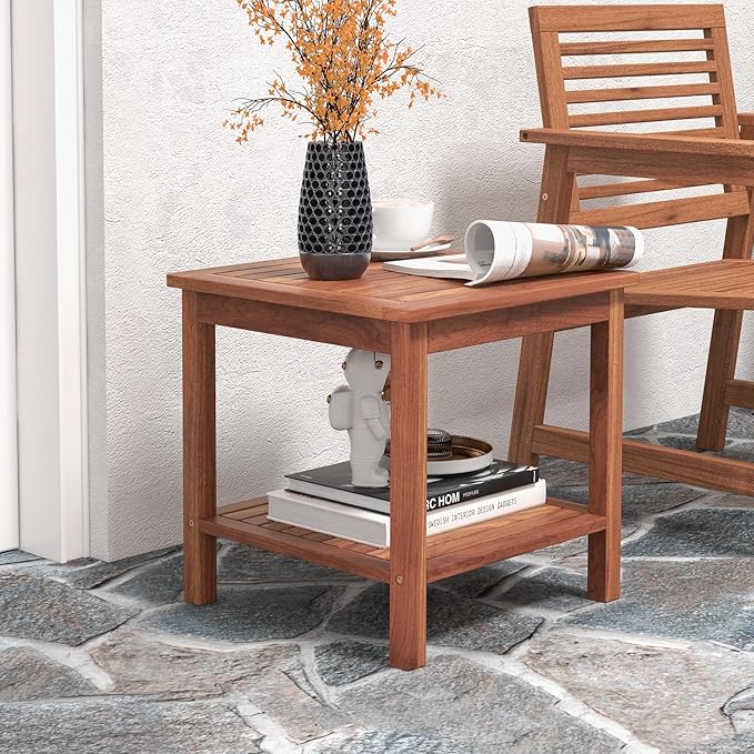 RELAX4LIFE Adirondack Outdoor Side Table - 2-Tier Acacia Wood Square End Tables w/Slatted Tabletop & Shelf for Garden - Photo 7