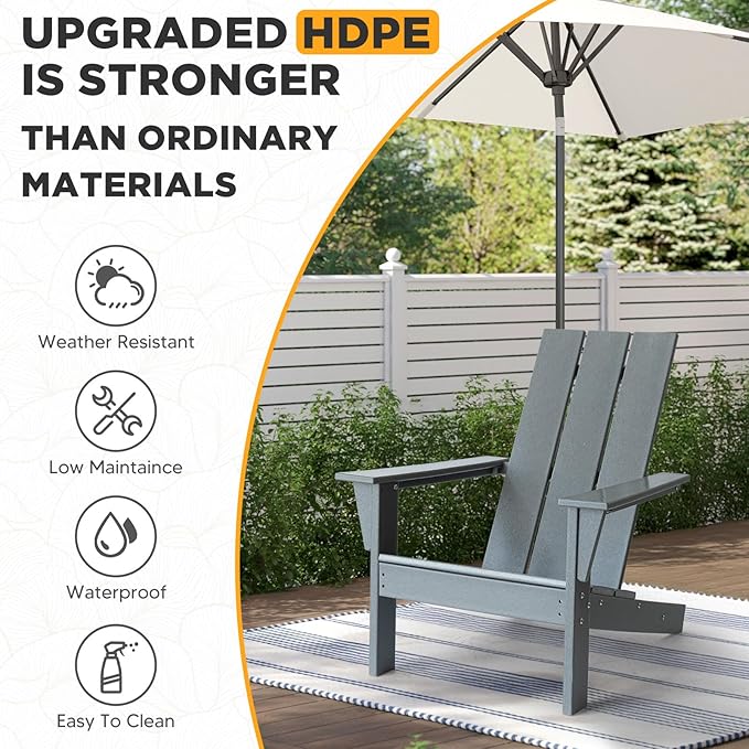 PROHIKER Adirondack Chair, HDPE Patio Chair, All Weather Outdoor Chairs for Lawn Garden Porch Backyard(Grey)