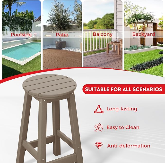 Costaelm 24" Height Outdoor Bar Stools, All-Weather Bar Stools, Adirondack Poly Patio Round Bar Stool for Patio, Deck, Kitchen Counter and Garden, Weathered Wood