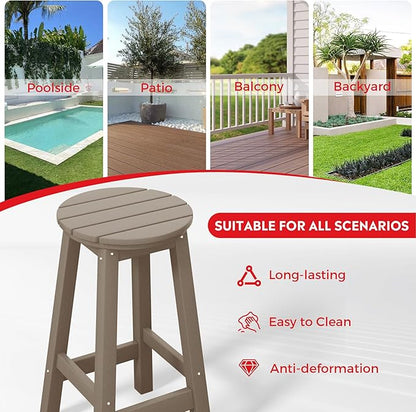 Costaelm 24" Height Outdoor Bar Stools, All-Weather Bar Stools, Adirondack Poly Patio Round Bar Stool for Patio, Deck, Kitchen Counter and Garden, Weathered Wood