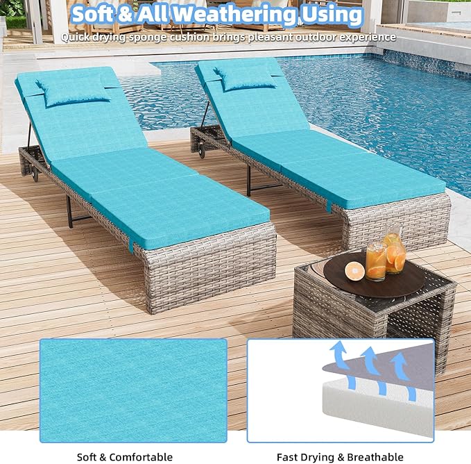 Chaise Lounge Set 3 Pieces, Outdoor Modern Patio Furniture Lounge Chairs Set of 2 with Adjustable Backrest & Side Table, Durable PE Wicker, Weather Resistant Cushions, Blue