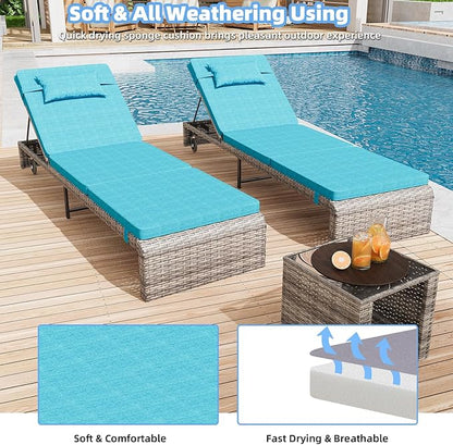 Chaise Lounge Set 3 Pieces, Outdoor Modern Patio Furniture Lounge Chairs Set of 2 with Adjustable Backrest & Side Table, Durable PE Wicker, Weather Resistant Cushions, Blue