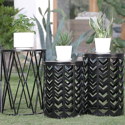 Nesting Round Metal Indoor Coffee End Tables, Set of 3 Modern Farmhouse Nightstands Decor Sofa Side Tables Plant Stand for Living Room Balcony Home Garden Stool Patio Outdoor- Black