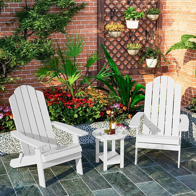 MXIMU Round Outdoor Side Table Adirondack Tables 18 Inch Chairside End Tables with Storage Shelf, 2-Tier Plastic Patio Side Table, Weather Resistant for Balcony Backyard Lawn (White, 2 Pack)