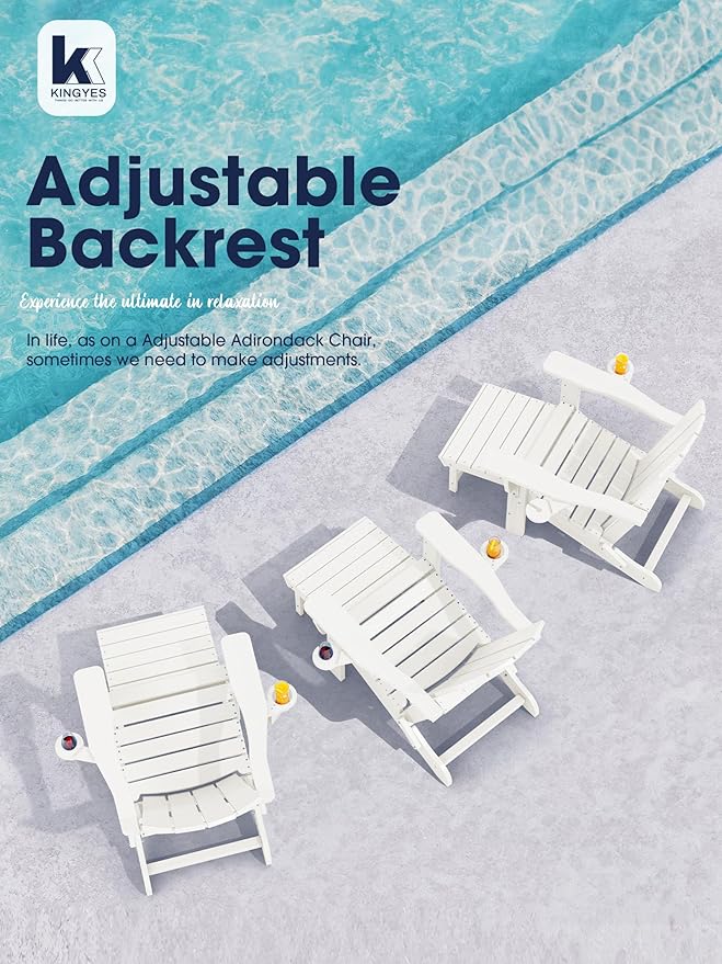 KINGYES Folding Adjustable Adirondack Chair with Ottoman & 2 Cup Holders Set of 4, HDPE Adirondack Recliner Chair with Footrest, White