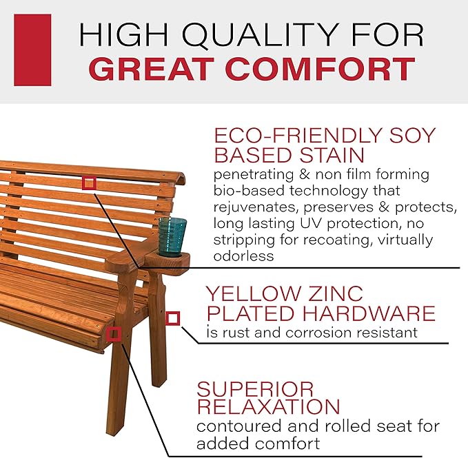 Amish Casual Heavy Duty Pressure Treated 5 Foot Outdoor Garden Bench with Cup Holders - Amish Crafted Roll Back Design in Cedar Stain, 700 Lb Weight Capacity
