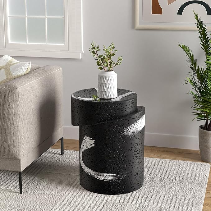 COSIEST Outdoor Side Table Black, Cylinder Shaped MgO Concrete Side Table, Lightweight Accent Table w Scrawl Patio End Table, Round Plant Stand for Garden and Deck